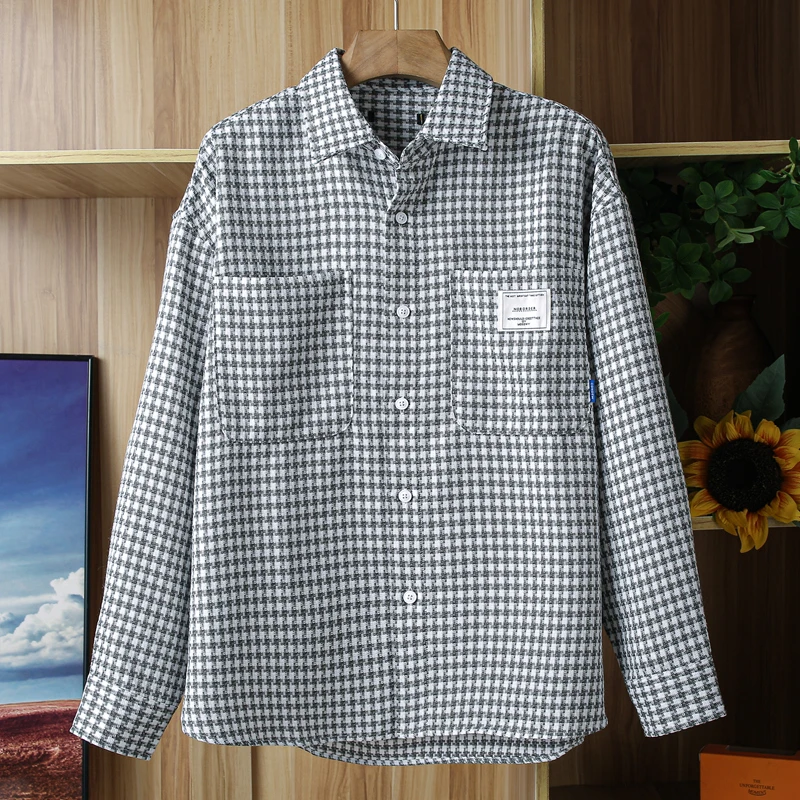 外套型宽松版撤柜编织料衬衫男长袖春秋款青年潮流年轻款休闲衬衣