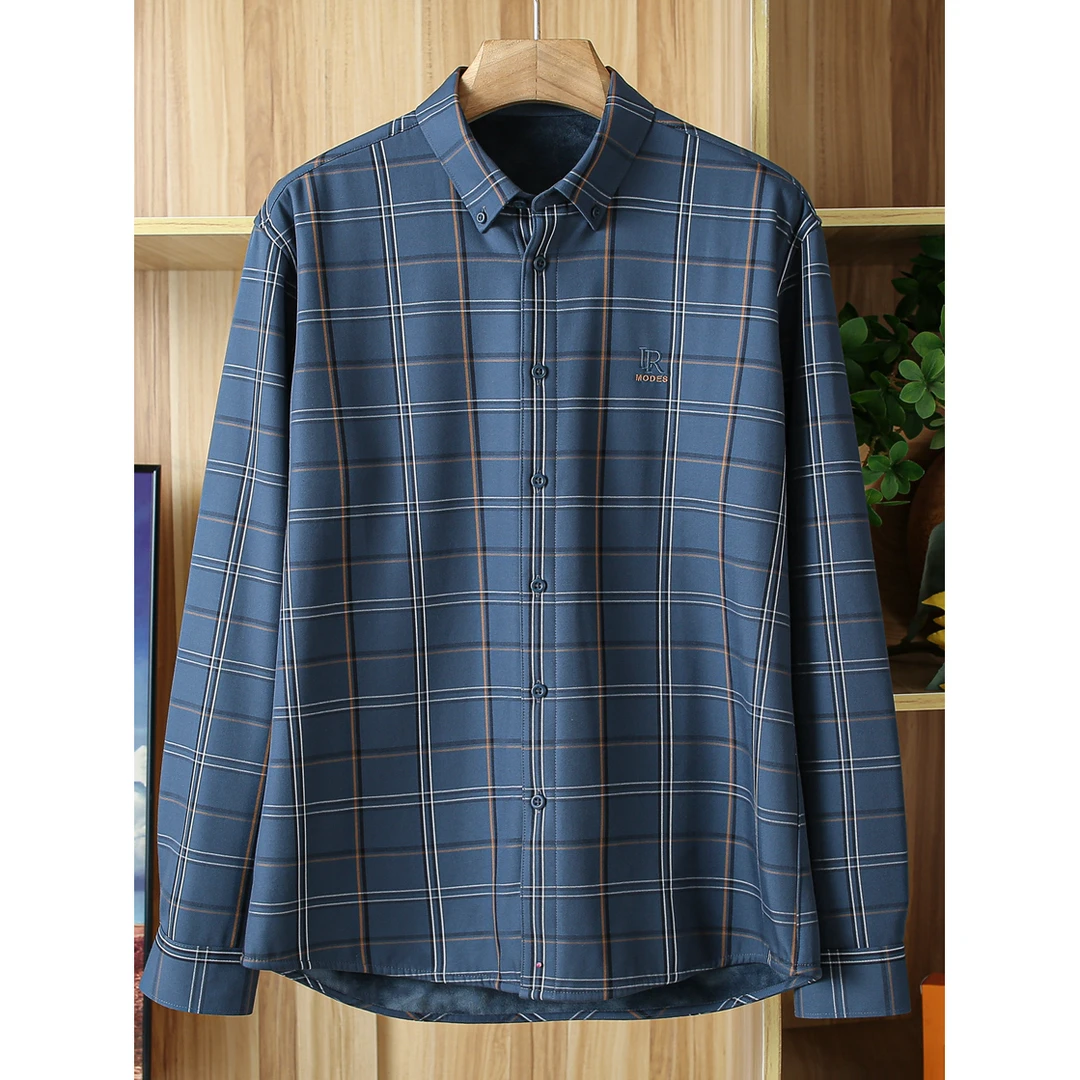 舒适抗皱一体绒撤柜男装格纹男士加绒衬衫秋冬季保暖加厚休闲衬衣