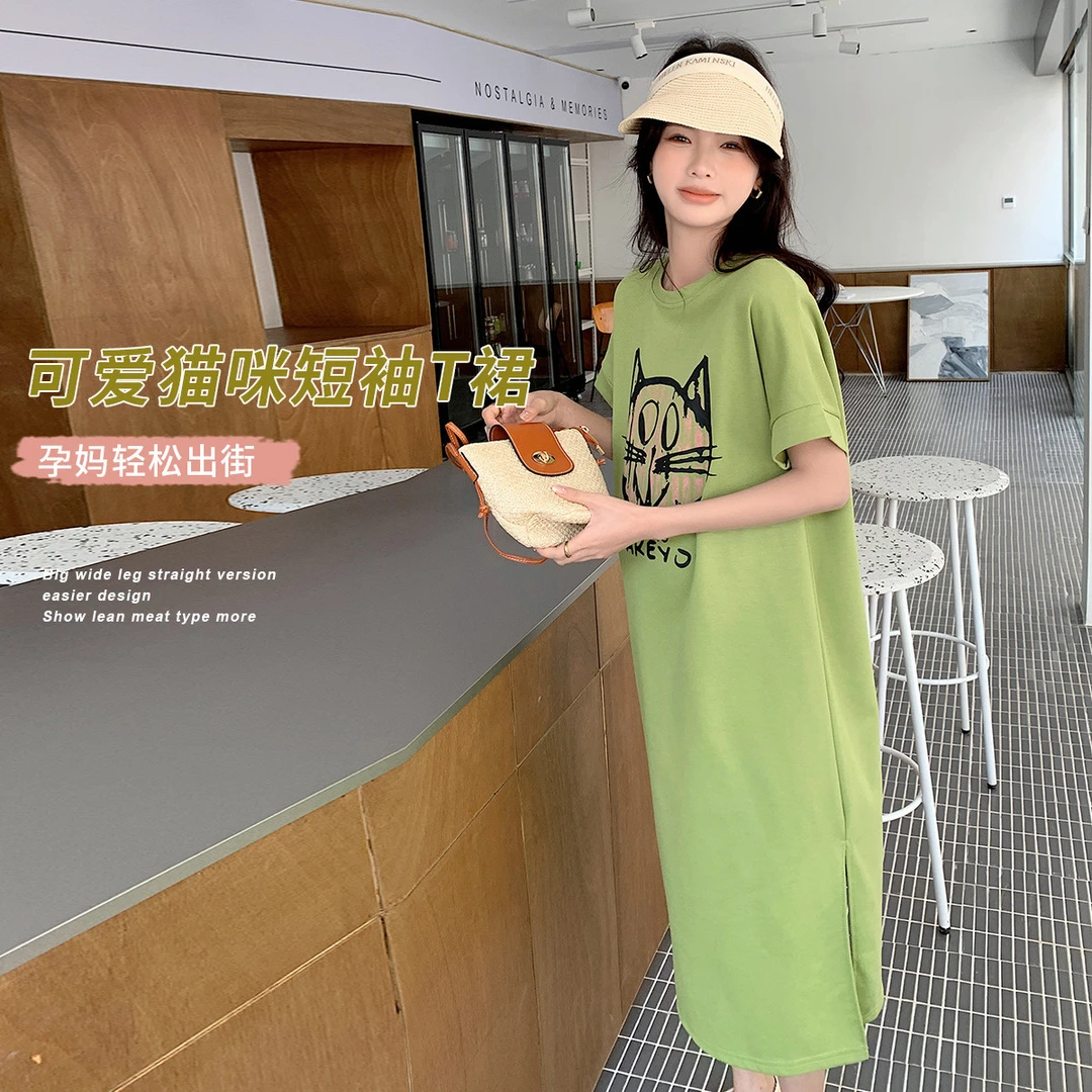 孕妇装连衣裙夏季新款可爱猫咪短袖T裙宽松舒适直筒裙大码裙子女