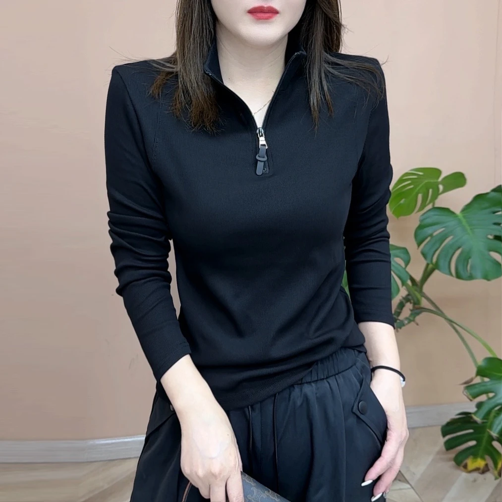 2024秋冬新品时尚百搭气质显瘦纯色半拉链长袖打底衫女士上衣7608