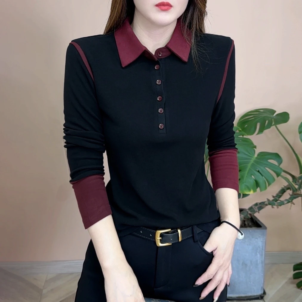 2024秋冬新品时尚百搭气质修身显瘦个性POLO领打底衫女士上衣7681