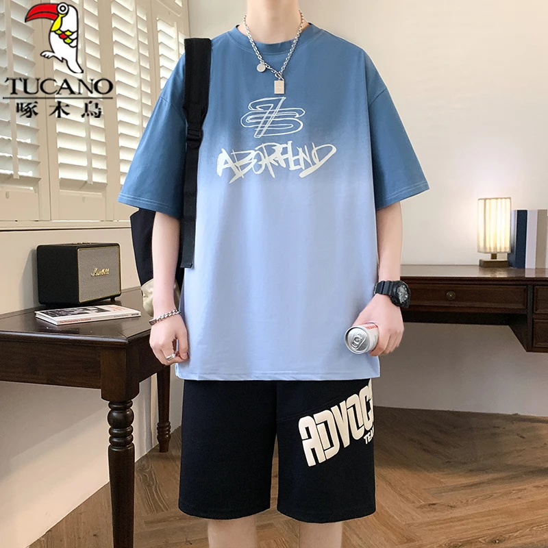 啄木鸟休闲套装男孩夏季薄款青少年百搭半袖短袖短裤一整套衣服