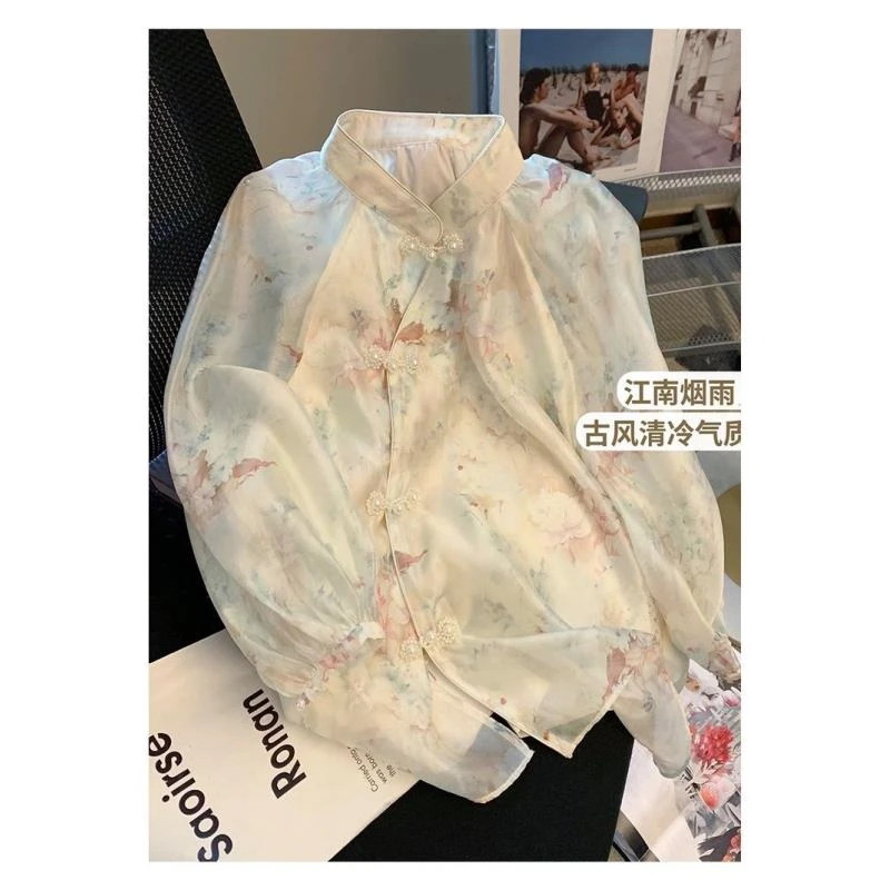 23080新款法式复古浪漫国风盘扣泡泡袖立领别致温柔