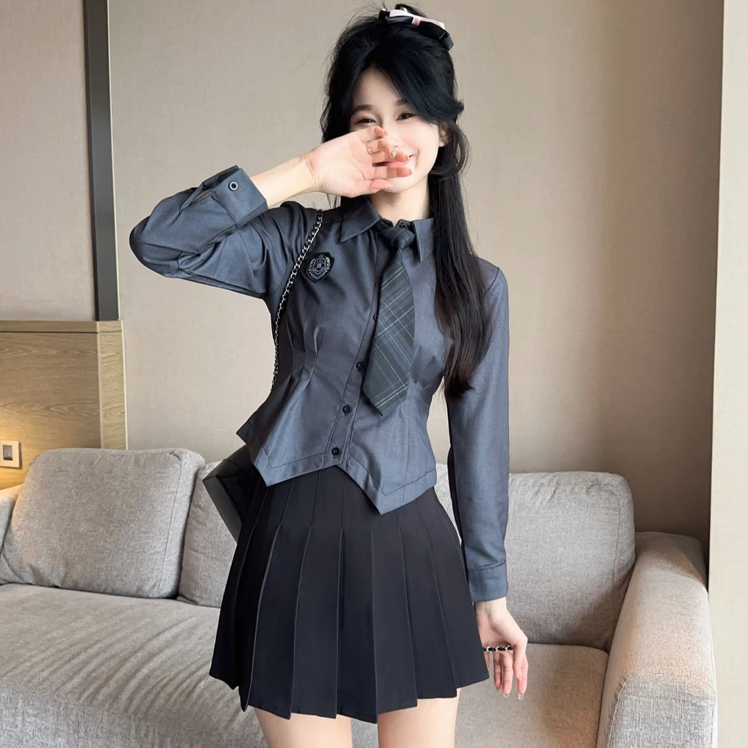 jk制服学院风套装春秋辣妹纯欲灰色显瘦收腰女长袖衬衫百搭百褶裙