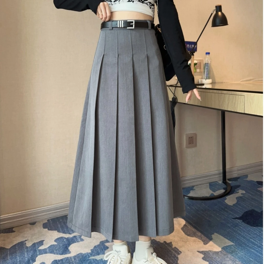 灰色百褶半身裙女春夏秋长款高腰显瘦遮肉a字长裙5678西装伞裙