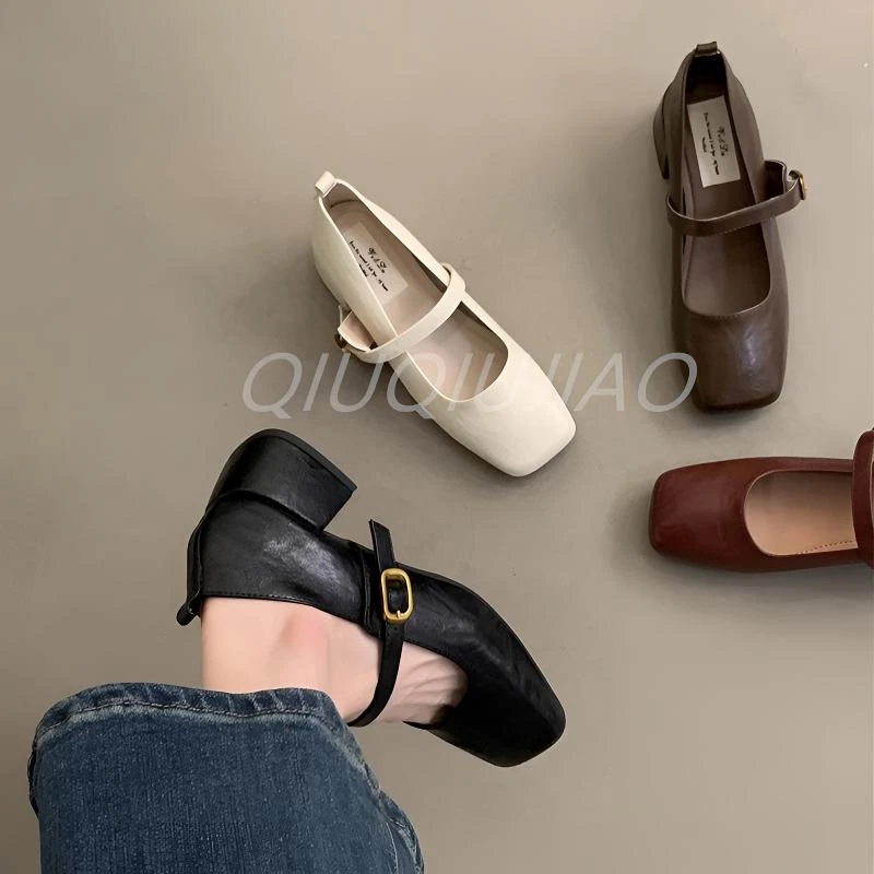 法式复古方头浅口单鞋女春秋款晚晚风气质仙女粗跟玛丽珍小皮鞋女