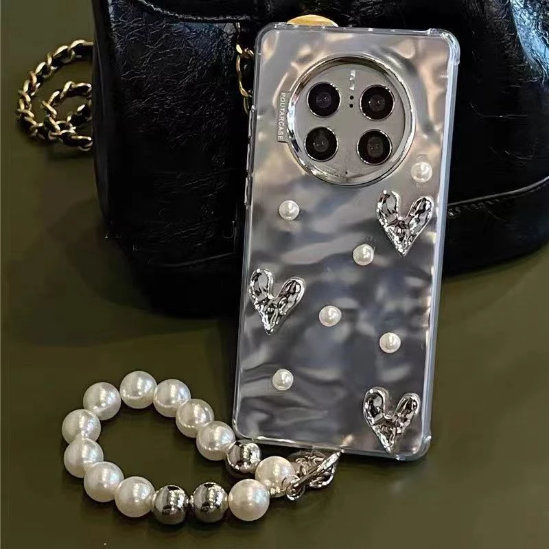 高级银色水波纹手机壳+手链+立体贴件全包高级款简约小众爱心 A