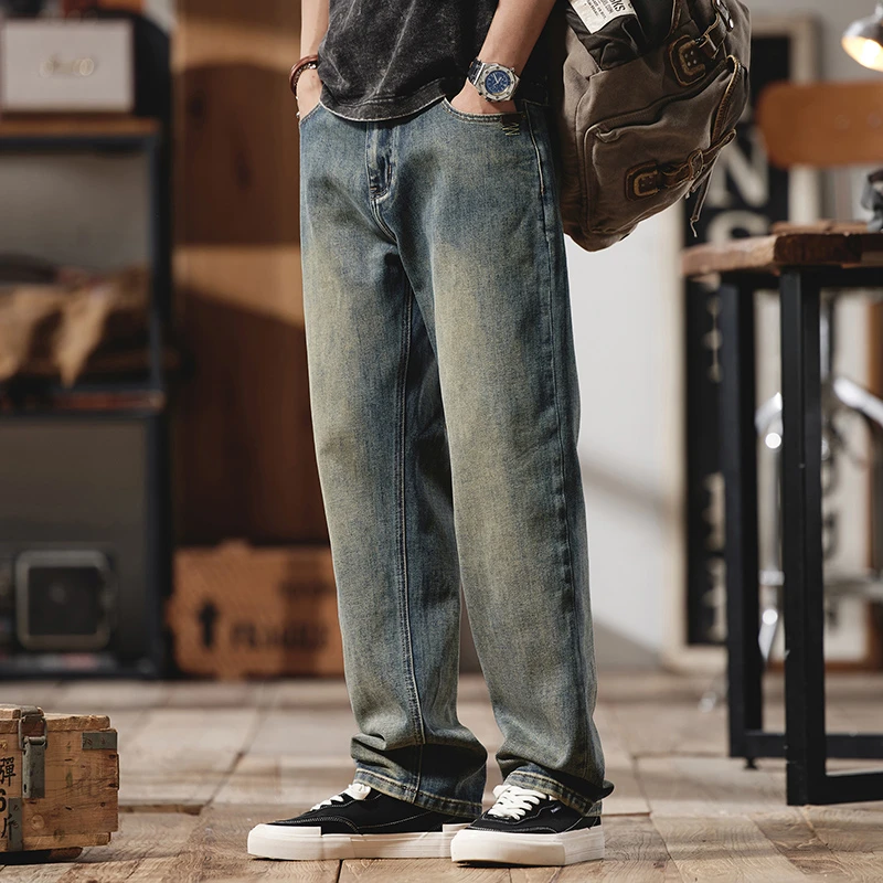 牛仔裤男款直筒宽松复古简约刺绣美式微喇新款春季宽松喇叭阔腿裤