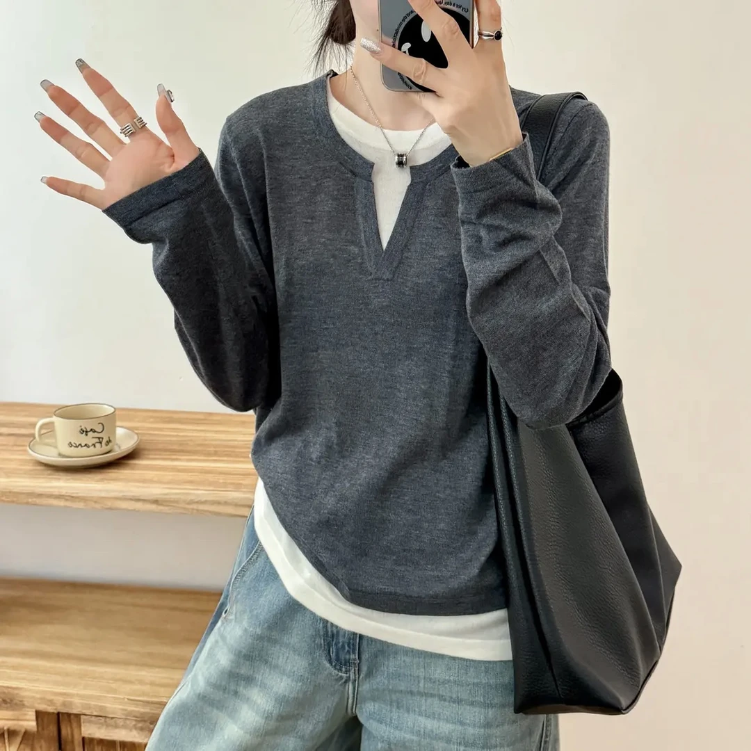 超细美丽诺春季新款内搭休闲假两件软糯打底针织衫9179
