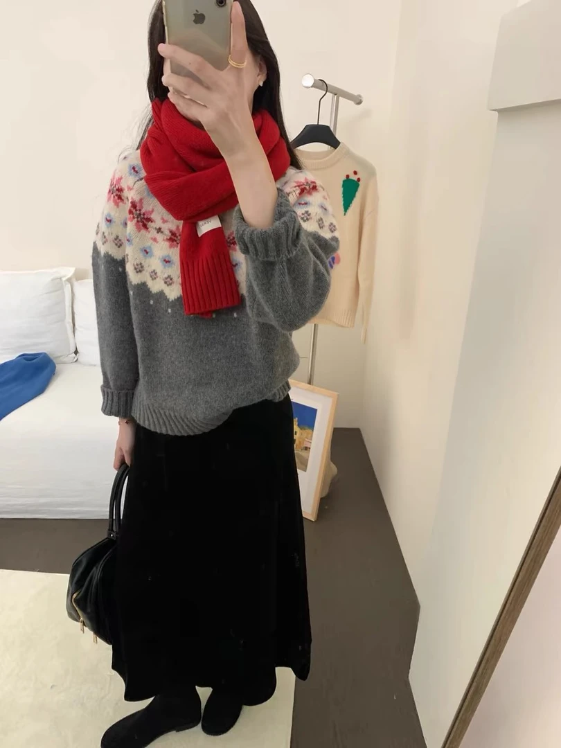 复古北欧费尔岛毛衣女秋冬雪花圣诞氛围感针织上衣9453