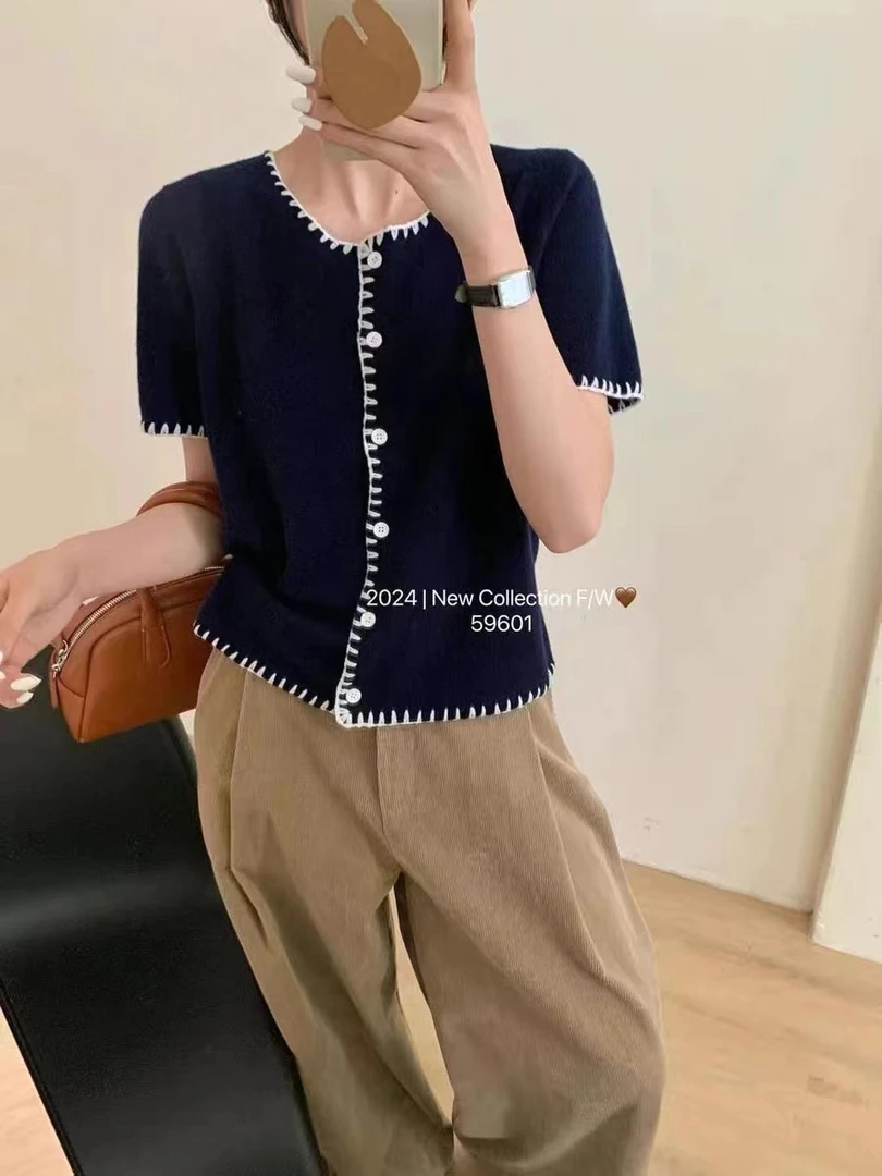 2024秋季新款韩版针织短袖圆领单排扣开衫宽松锁边上衣9038