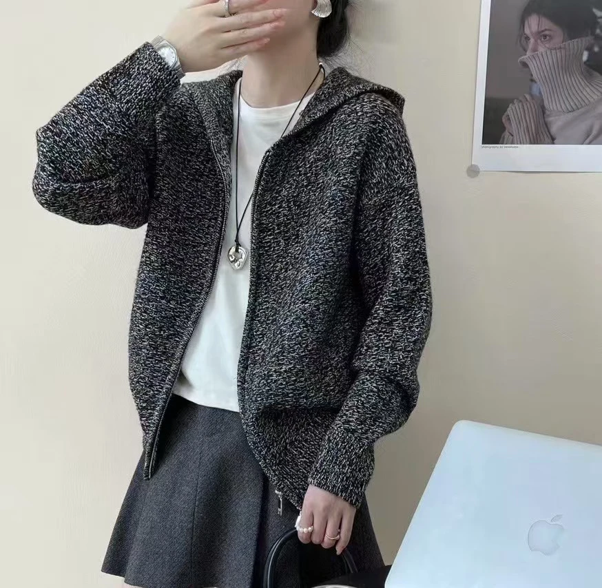 高级感夹花连帽山羊绒针织开衫女士秋冬宽松拉链外套外搭帽衫9327