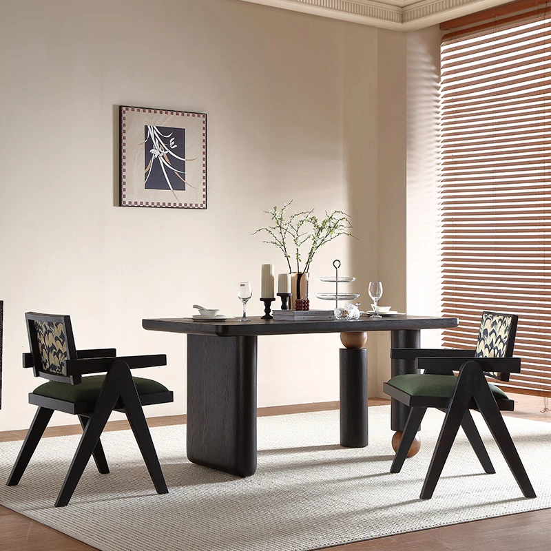 菀昱家具 法式复古餐桌椅组合中古风实木长餐桌黑色