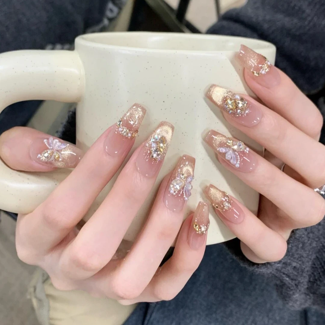 【烫金蝴蝶】纯手工穿戴甲光疗甲冰透渐变四季流行 10片装