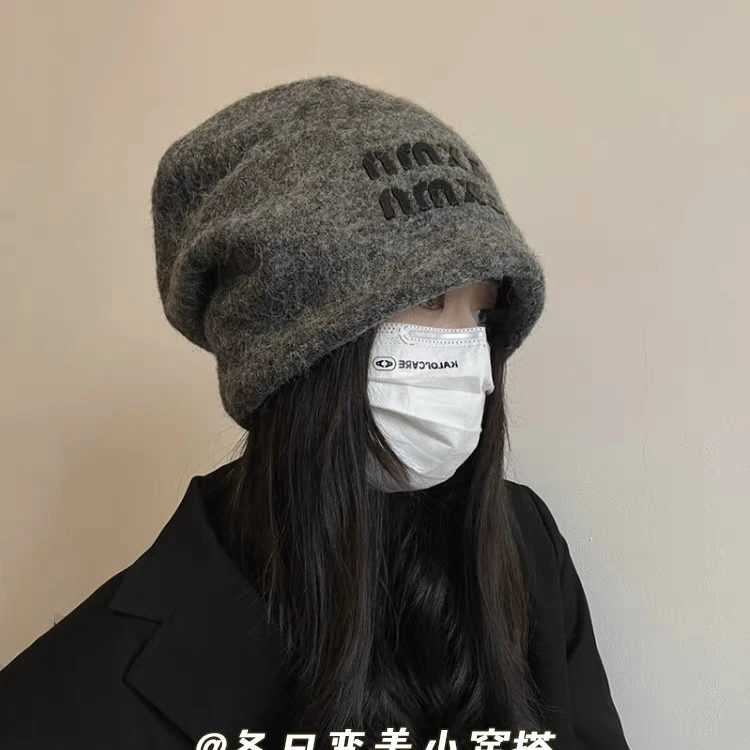 ins同款大头围秋冬季帽子女时髦字母毛毛软糯堆堆帽保暖护耳冷帽