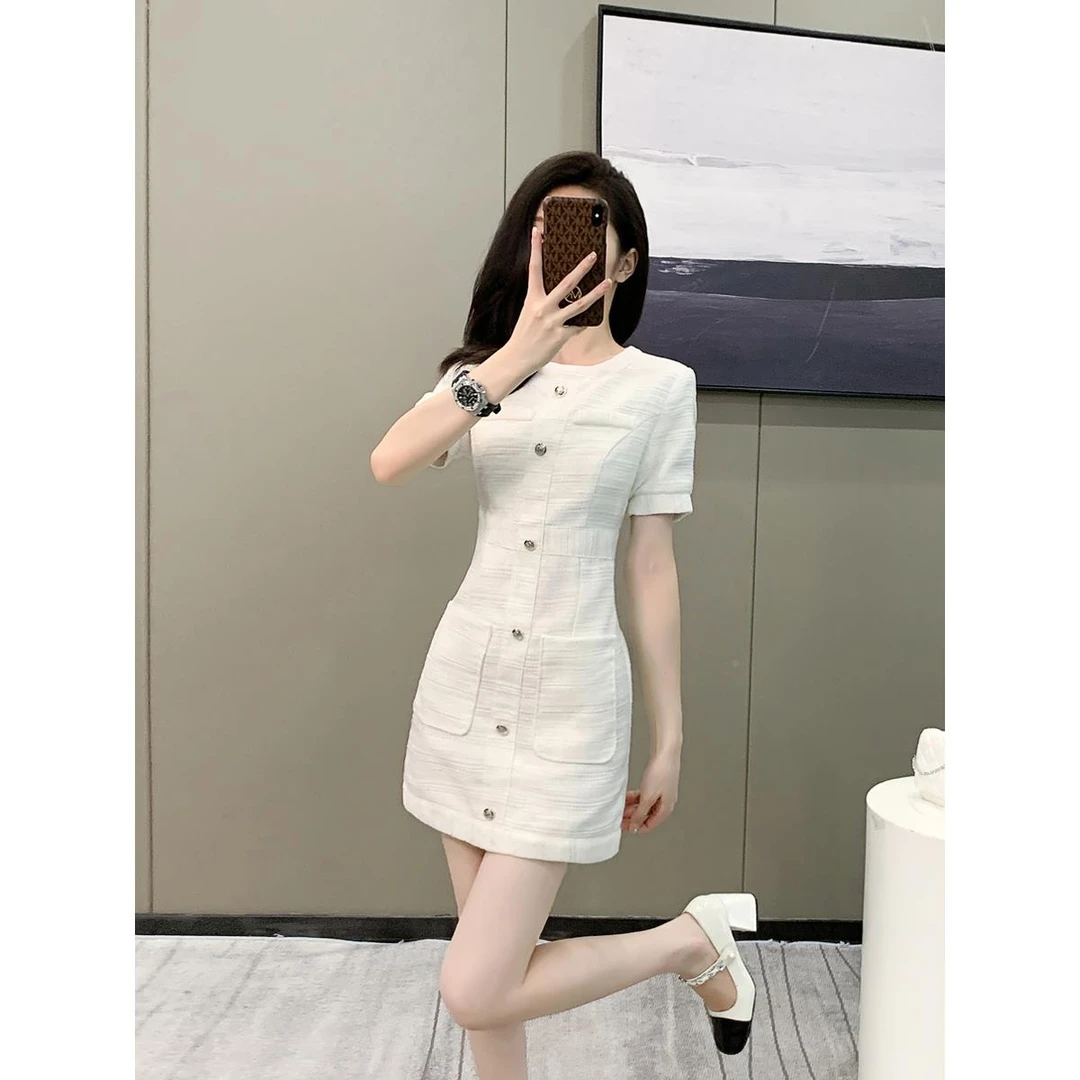 正式场合法式裙子高端精致气质显瘦白色小香风连衣裙女夏季小个子