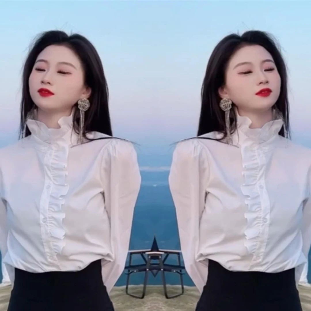 年秋装新款气质白色小衫女洋气修身显瘦百搭立领喇叭袖上衣潮