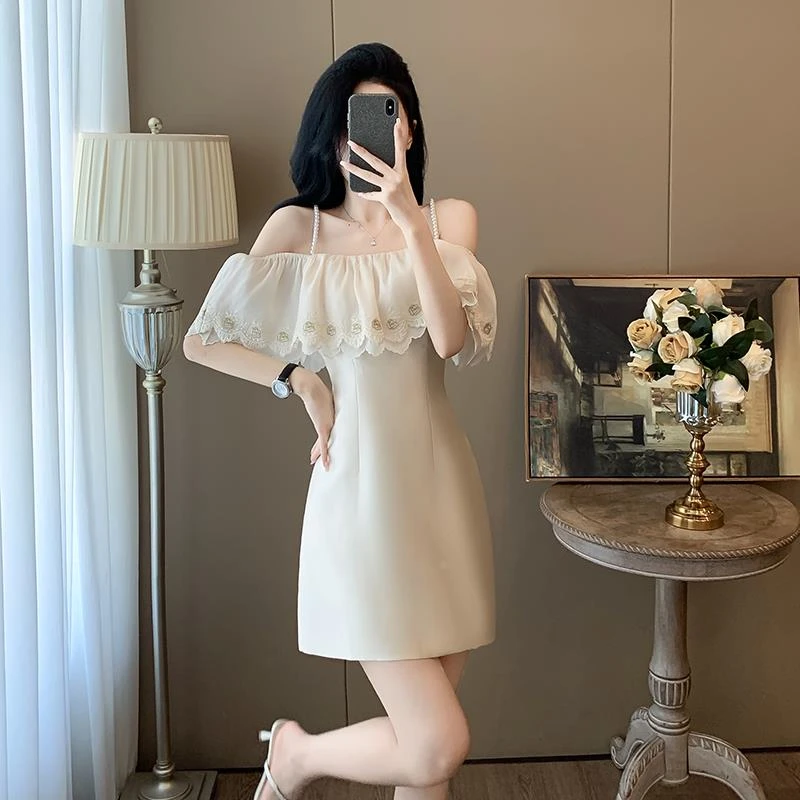 夏季千金名媛气质女神范小个子轻奢露肩吊带一字肩连衣裙女高级感