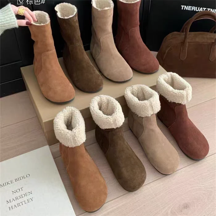 两穿百搭勃肯雪地靴女冬2024年新款森系复古毛毛短靴加绒棉鞋