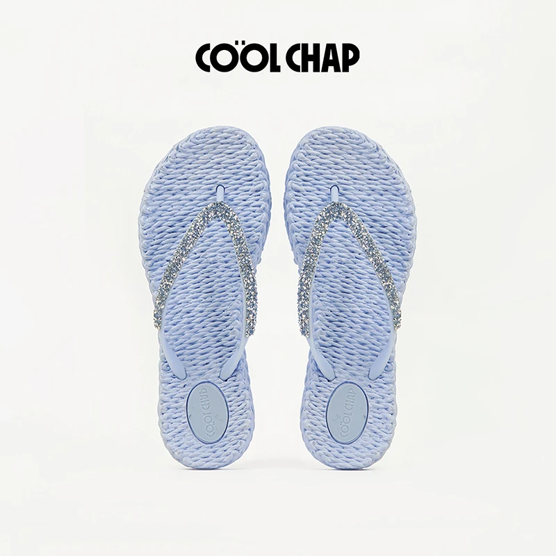 Cool Chap夏季新款闪光少女雾霾蓝闪钻编织麻花沙滩人字拖