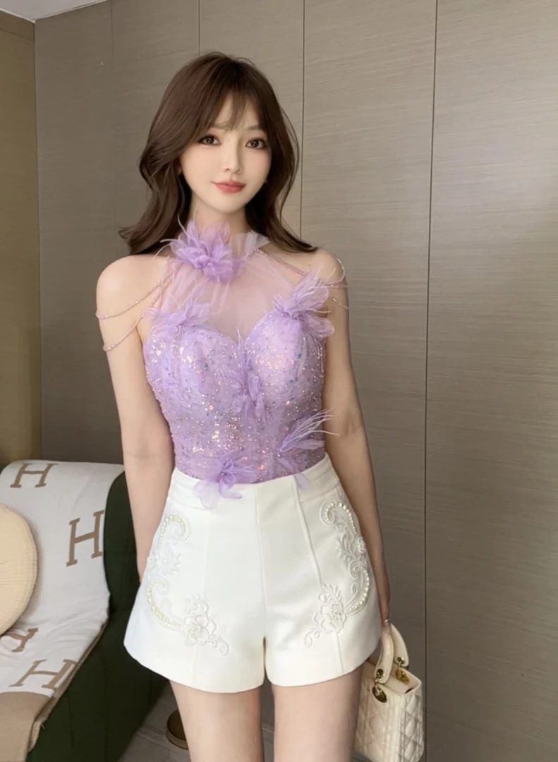 XUAN/【紫棠丁香】轻奢露肩挂脖重工亮片紫色仙气上衣