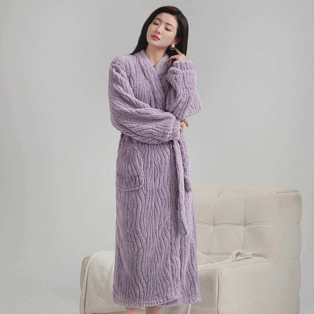 加绒加厚提花舒棉绒中长款睡袍女士保暖可外穿睡衣长袖家居服