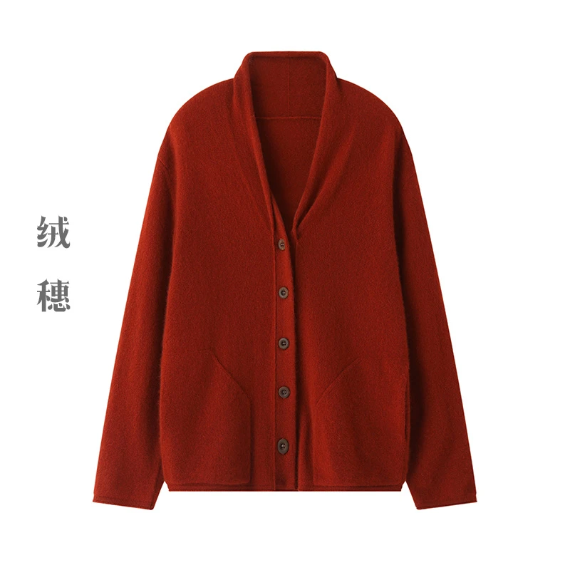 绒穗100%羊绒开衫女士纯色时尚针织气质长袖休闲外搭系扣重磅红色