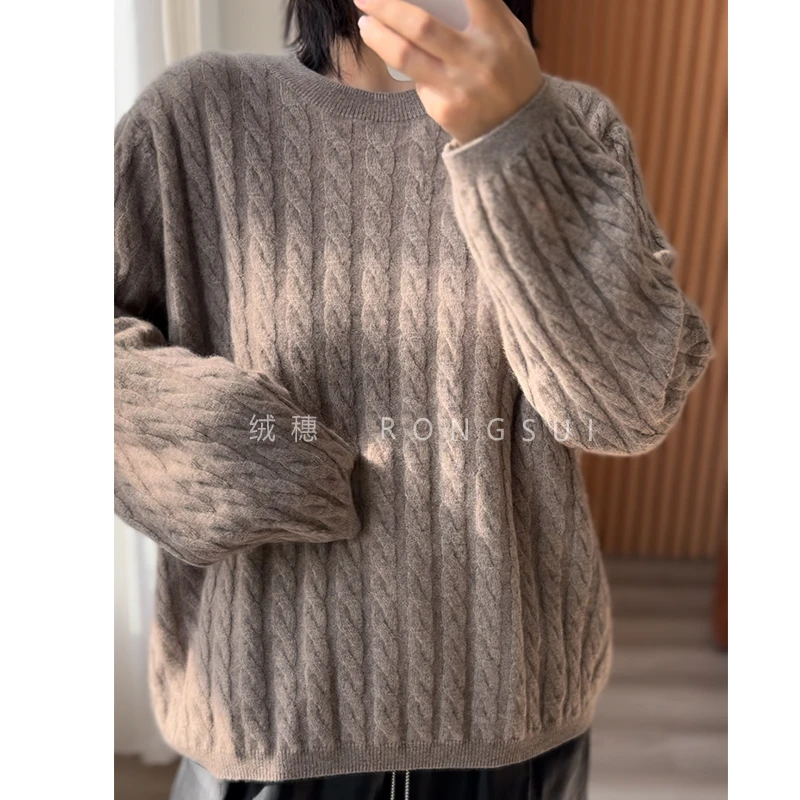 漫步都市！100%纯羊绒衫女士秋冬保暖大麻花低圆领慵懒毛衣女