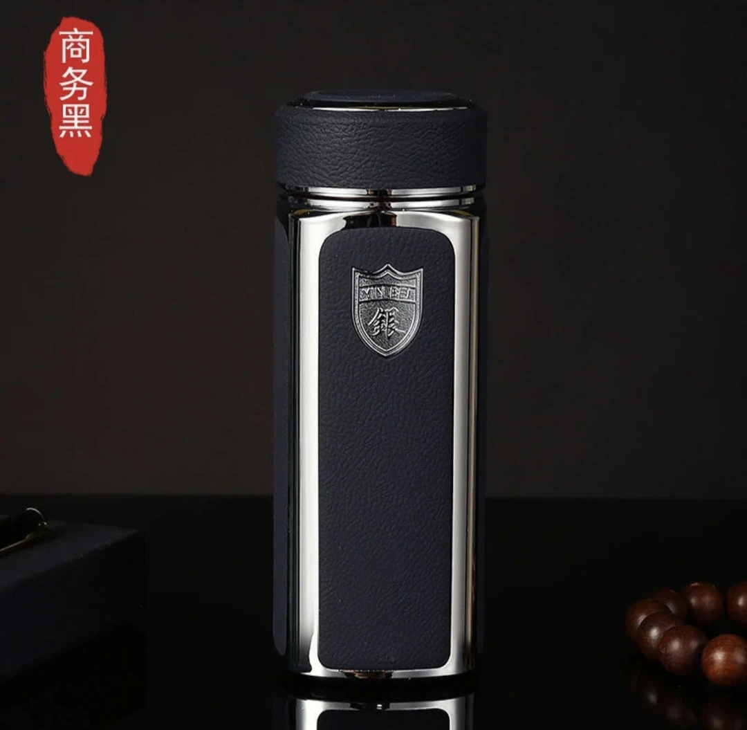 新中式高档礼盒黑色四方皮纹杯保温杯银离子工艺送礼自用商务水杯