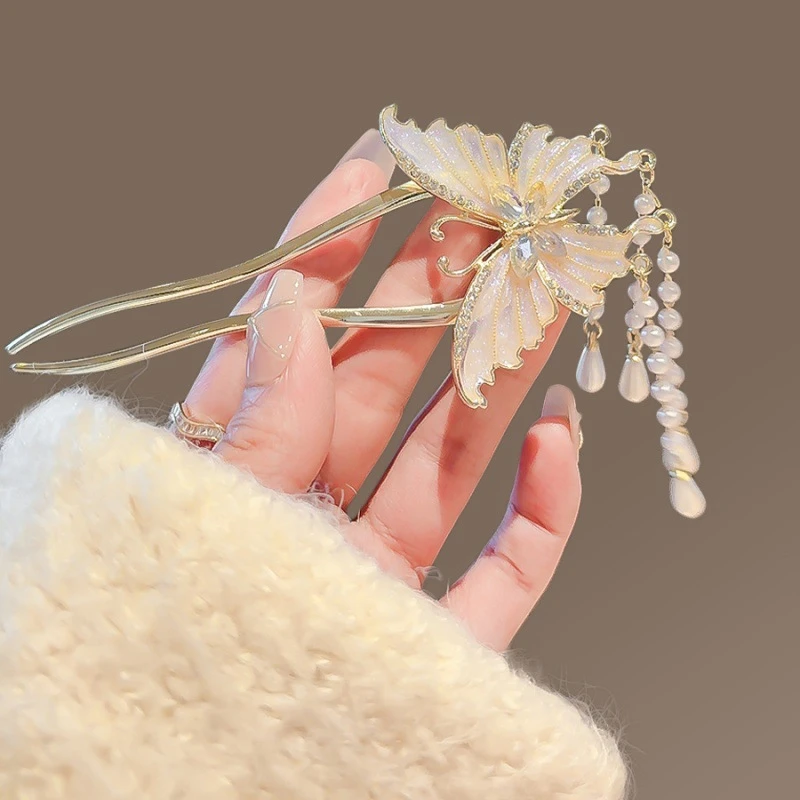 新中式气质蝴蝶珠珠流苏U型发簪女精致盘发簪子固定神器发钗头饰