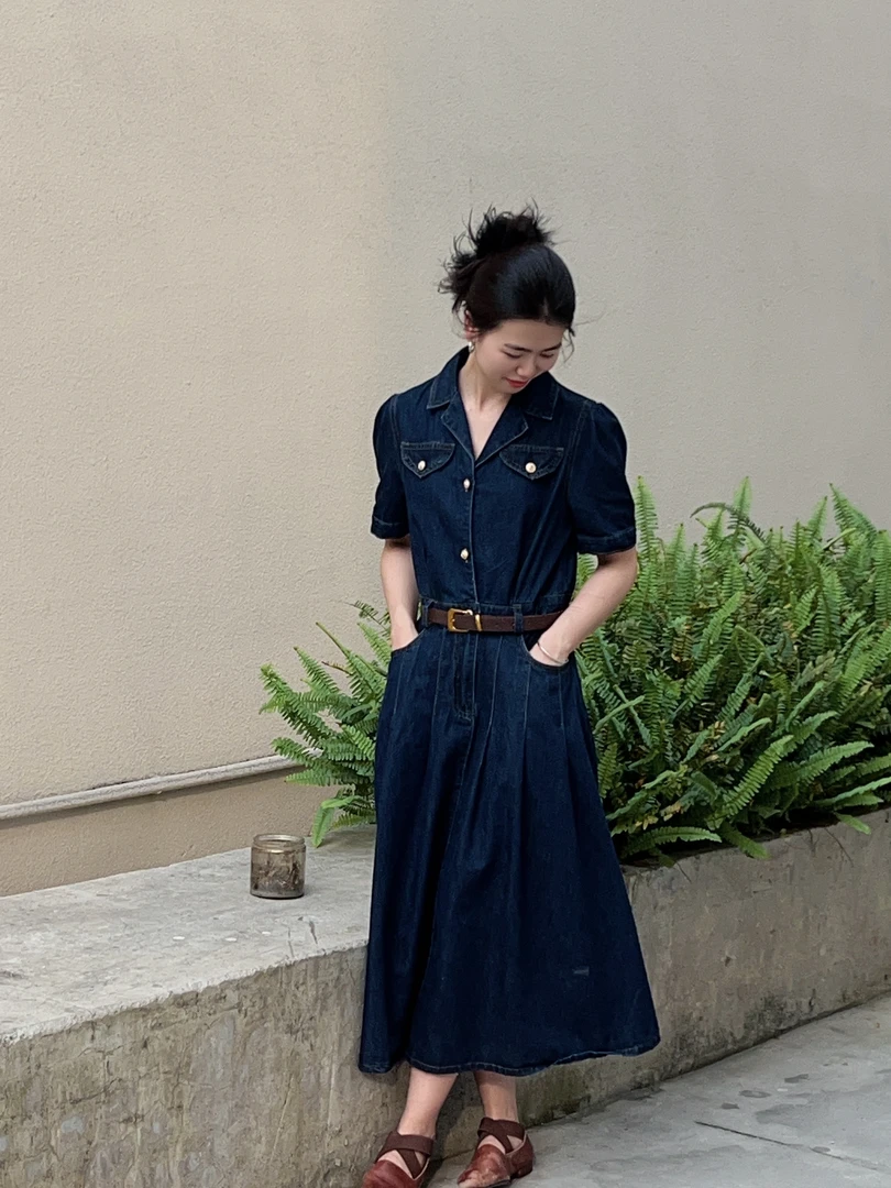 法式显瘦短袖牛仔连衣裙女2024夏季新款气质a字裙收腰长款裙子