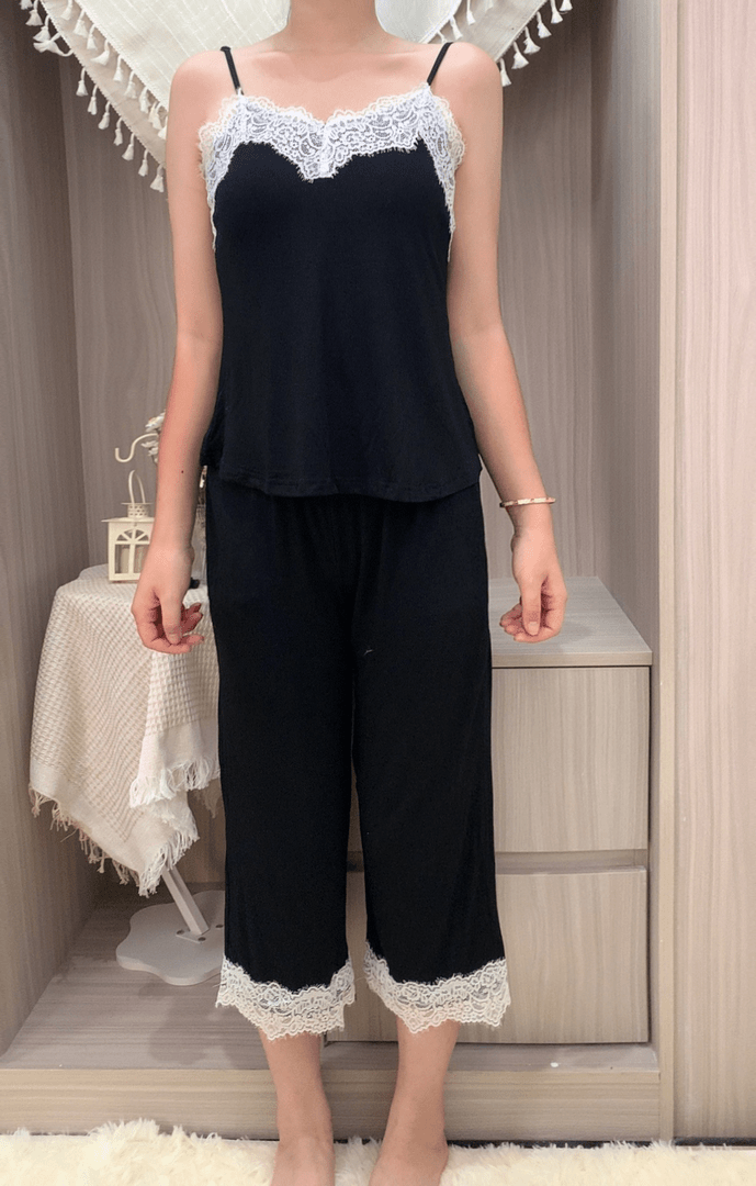 莫代尔睡衣带胸垫花边洋气质蕾丝七分裤短袖家居服套装002黑