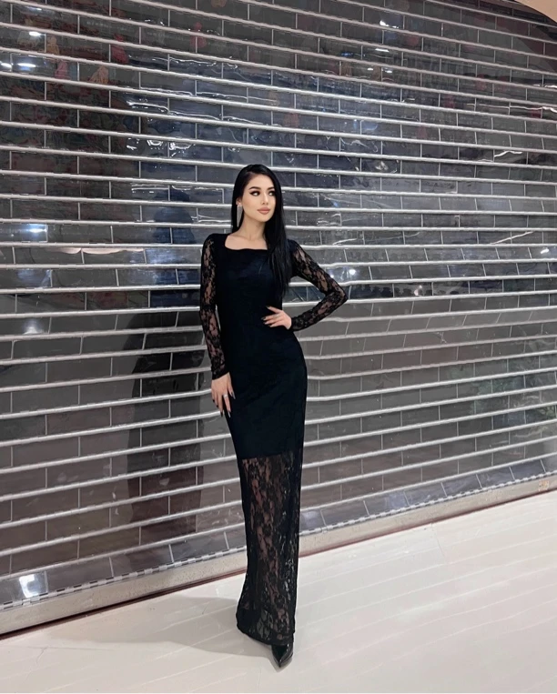 欧美风性感蕾丝修身长款连衣裙优雅气质