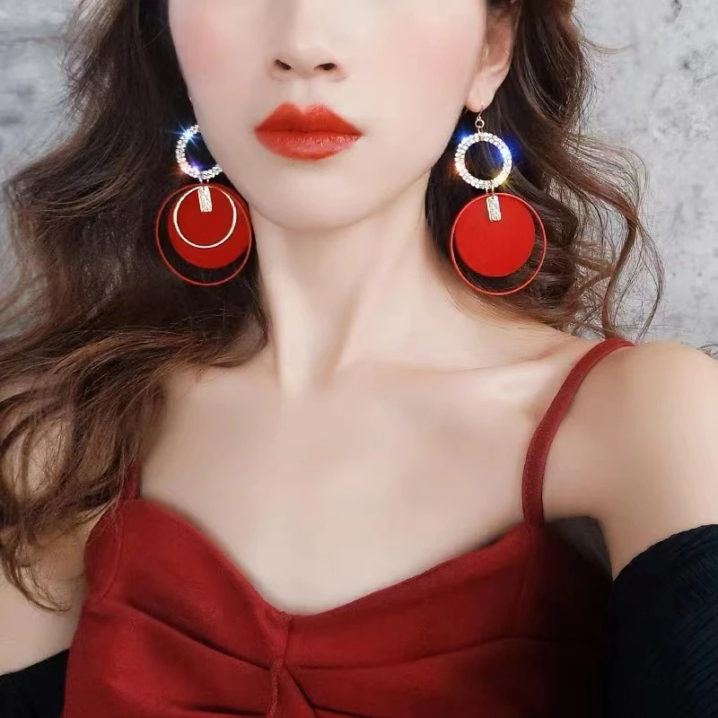 时尚气质百搭长款潮流夸张洋气耳饰红色大圆圈耳环欧美夸张个性