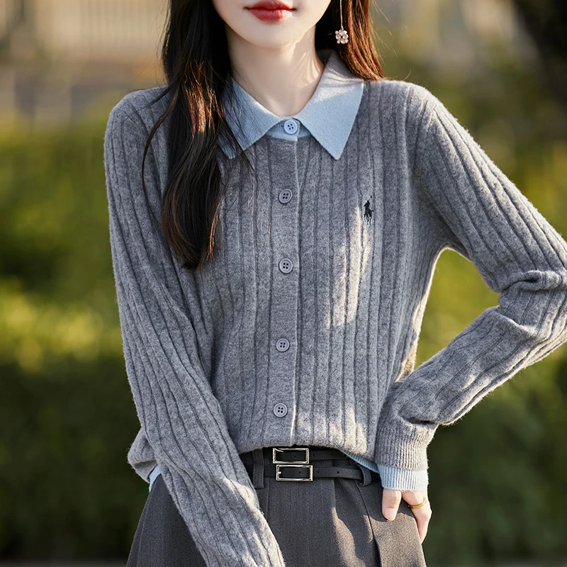 100澳毛叠穿假两件开衫衬衫领纯羊毛开衫针织衫毛衣秋冬刺绣