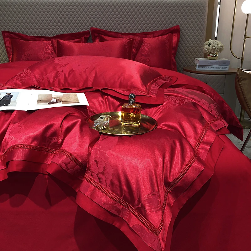 奢华婚庆大红全棉贡缎提花红色喜被四件套高级感结婚高端床上用品