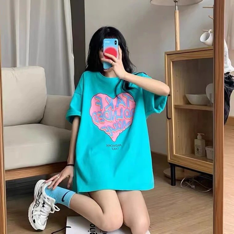 美式爱心黑色短袖t恤女夏季宽松ins潮街头oversize小众半袖上衣