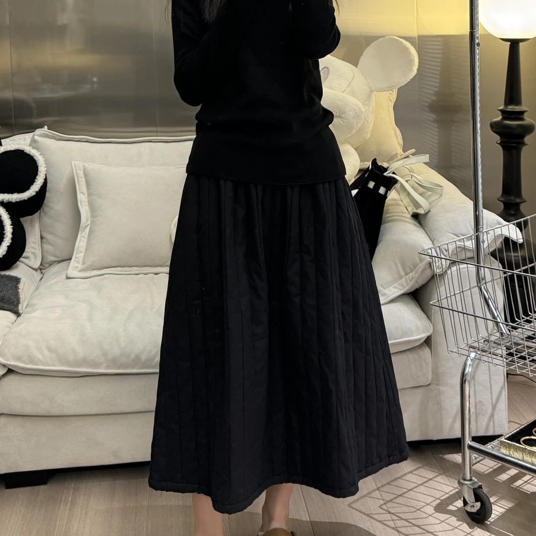 冬季加棉【YOUYOU同款搭配】简约百搭抽绳拼接菱形格夹棉半身裙女