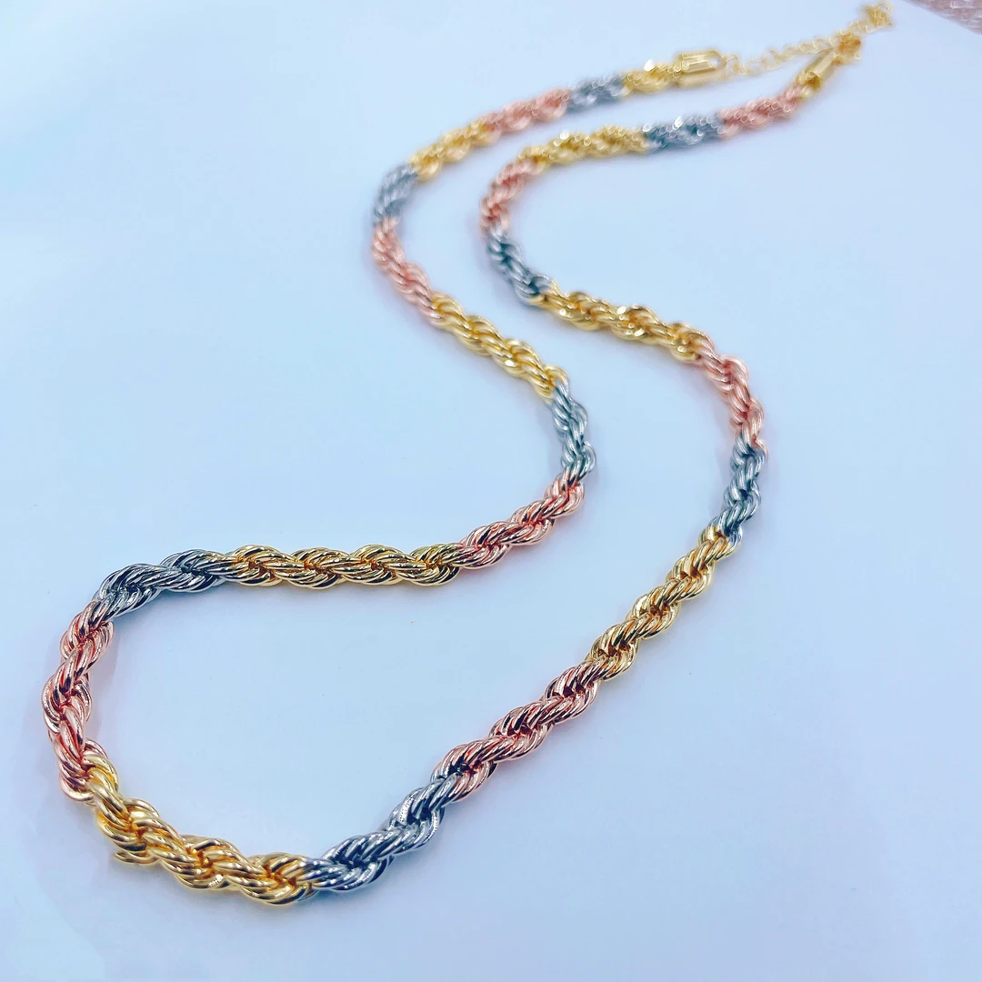 意式三彩色粗麻花编织项链55CM加长女-1731