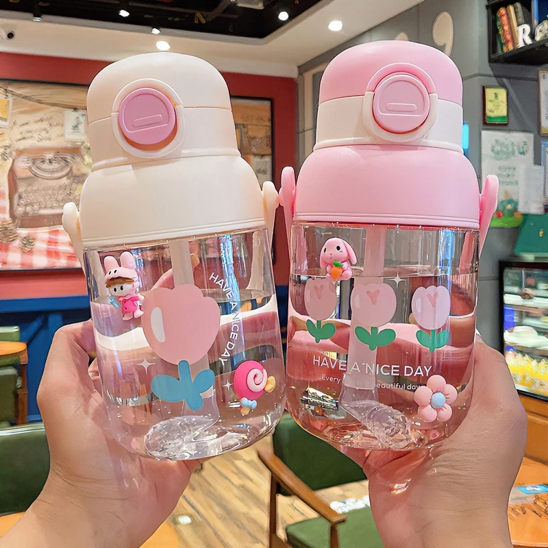 水杯女生大容量可爱高颜值带吸管杯子ins风郁金香便携式塑料水壶