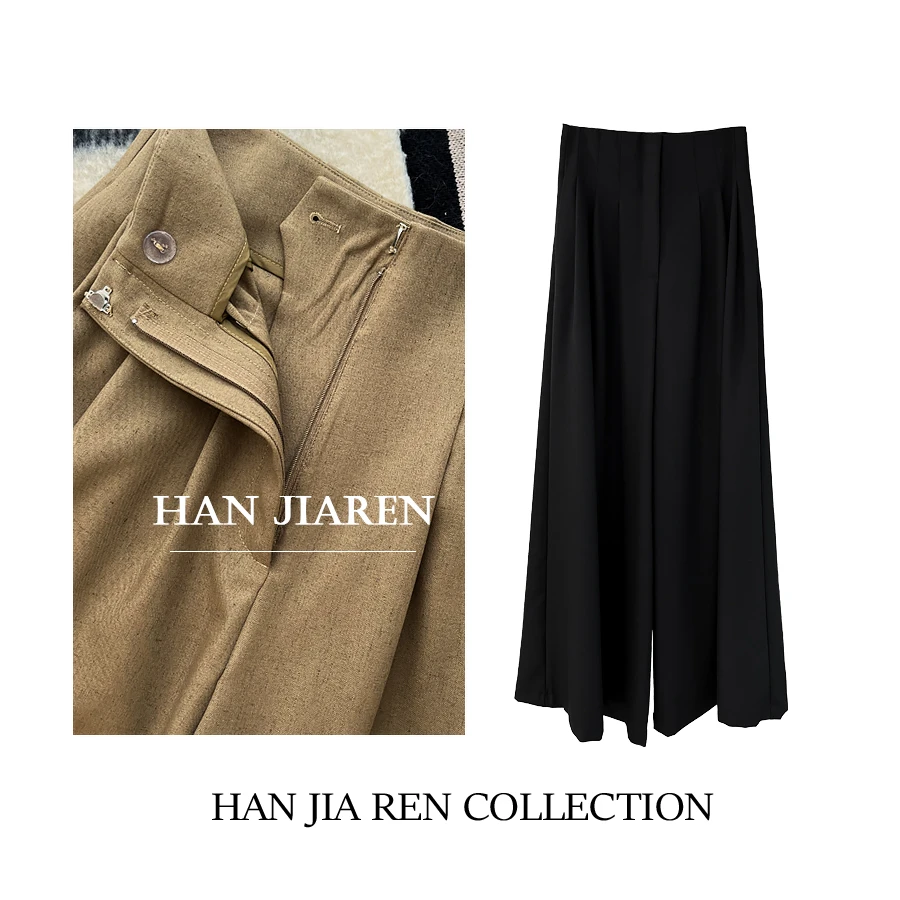 夏季高级气质显瘦高腰宽松休闲百搭黑色垂感设计感A字阔腿裤9115