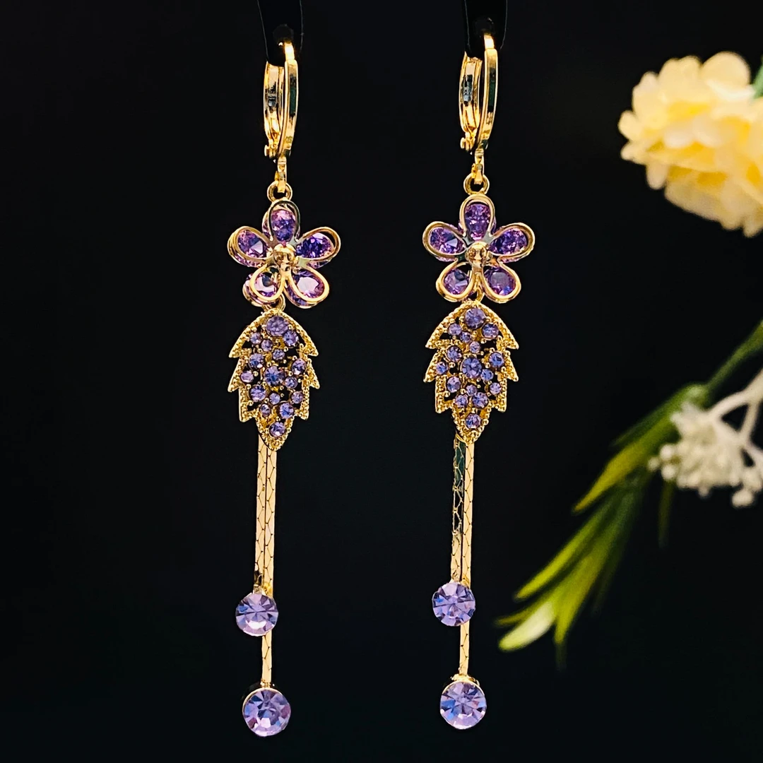 铜合金合成锆石耳饰 轻奢精致紫色韵味时尚优雅气质流苏耳环耳饰