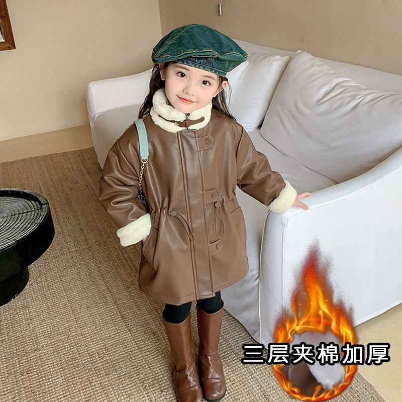 女童皮衣冬季新款儿童加棉皮夹克女宝韩版三层加绒外套女孩皮大衣