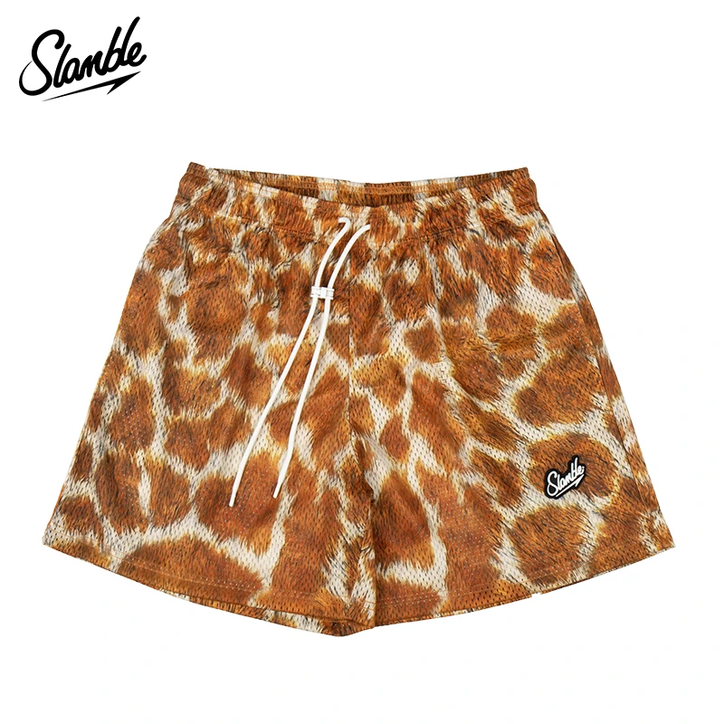 SLAMBLE男女夏季新款豹纹短裤运动裤美式街头网眼四分豹纹短裤男