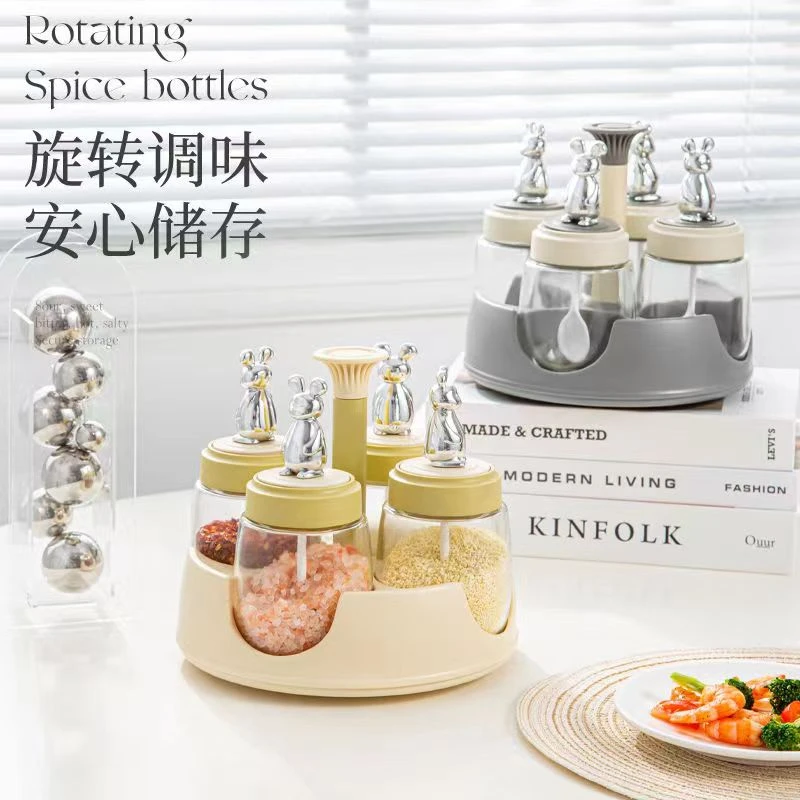 旋转调料盒家用调料罐网红组合盐罐带盖高档玻璃调味瓶厨房调味盒