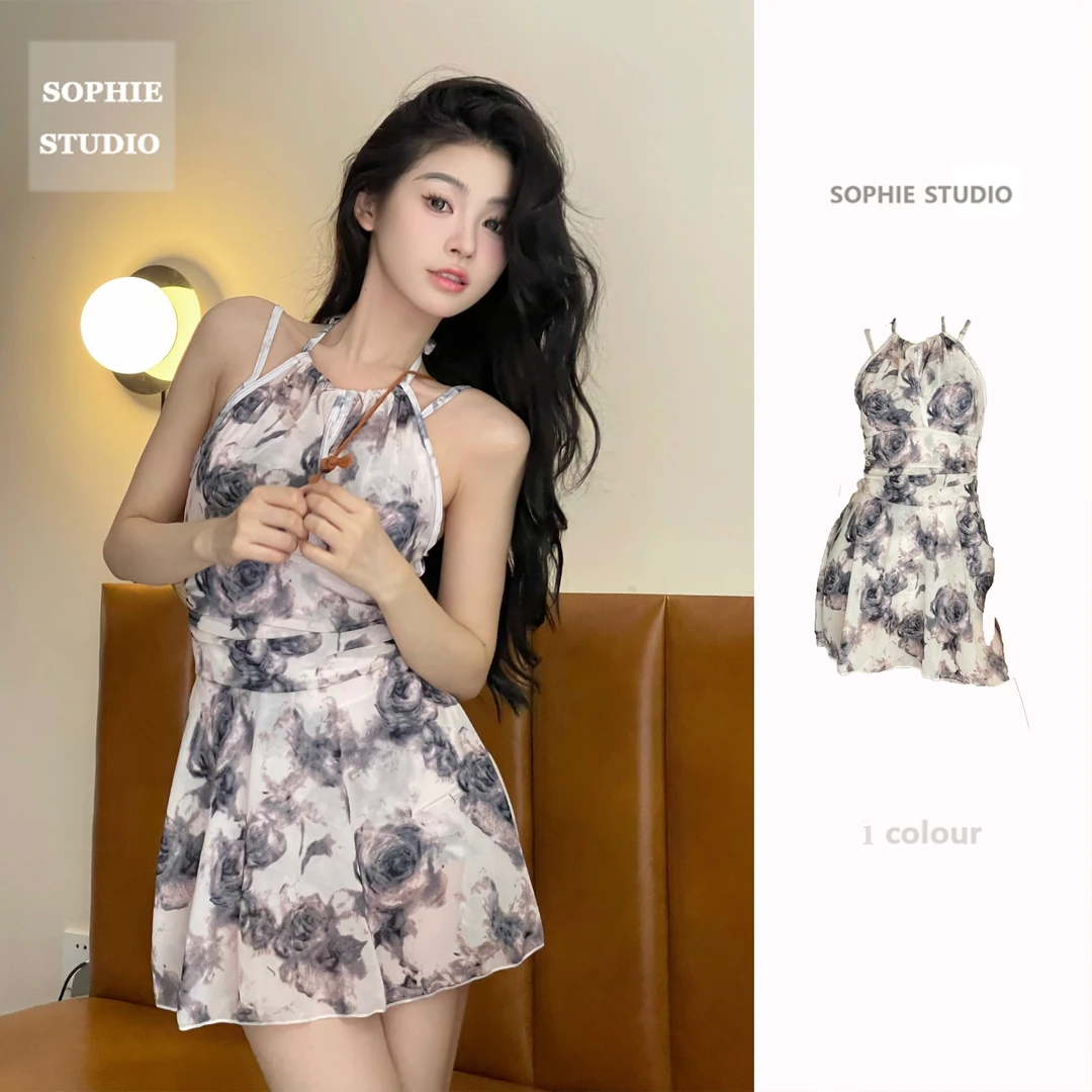 SOPHIE原创墨色玫瑰 连体裙式复古法式简约保守挂脖泳衣温泉度假