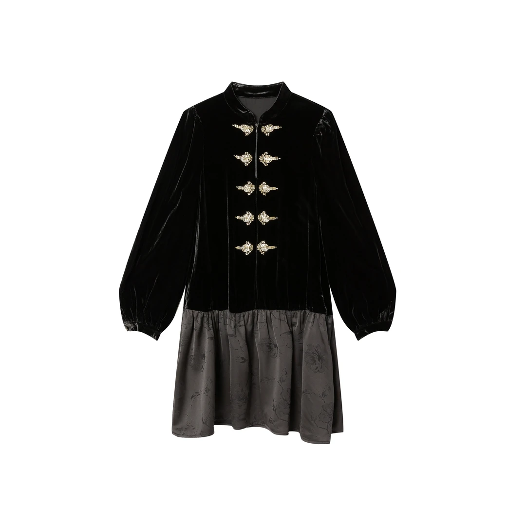 【墨染】深圳原创高端新中式国风桑蚕丝丝绒连衣裙90060