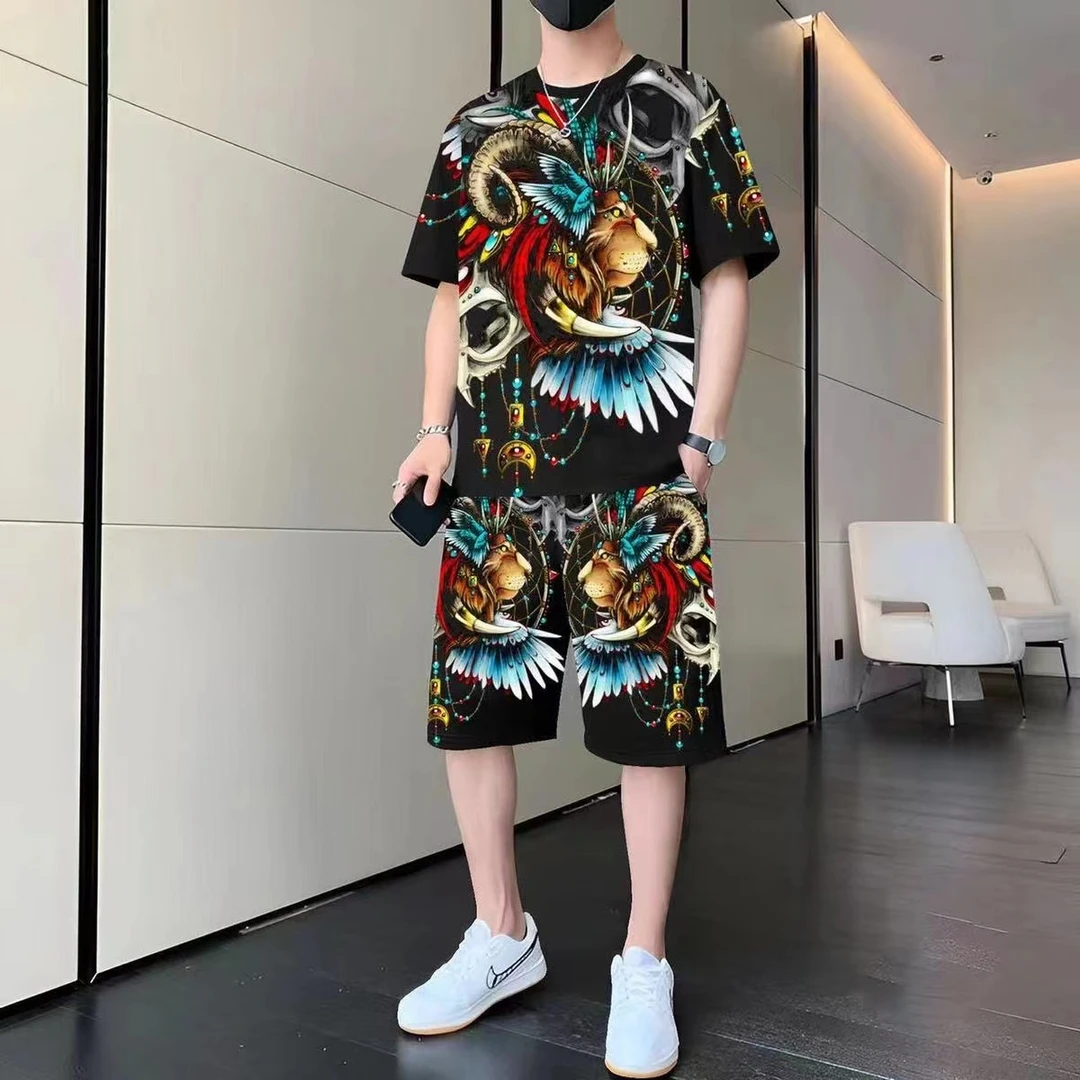 休闲运动套装男夏季新款宽松冰丝短袖t恤男士短裤搭配帅气一整套