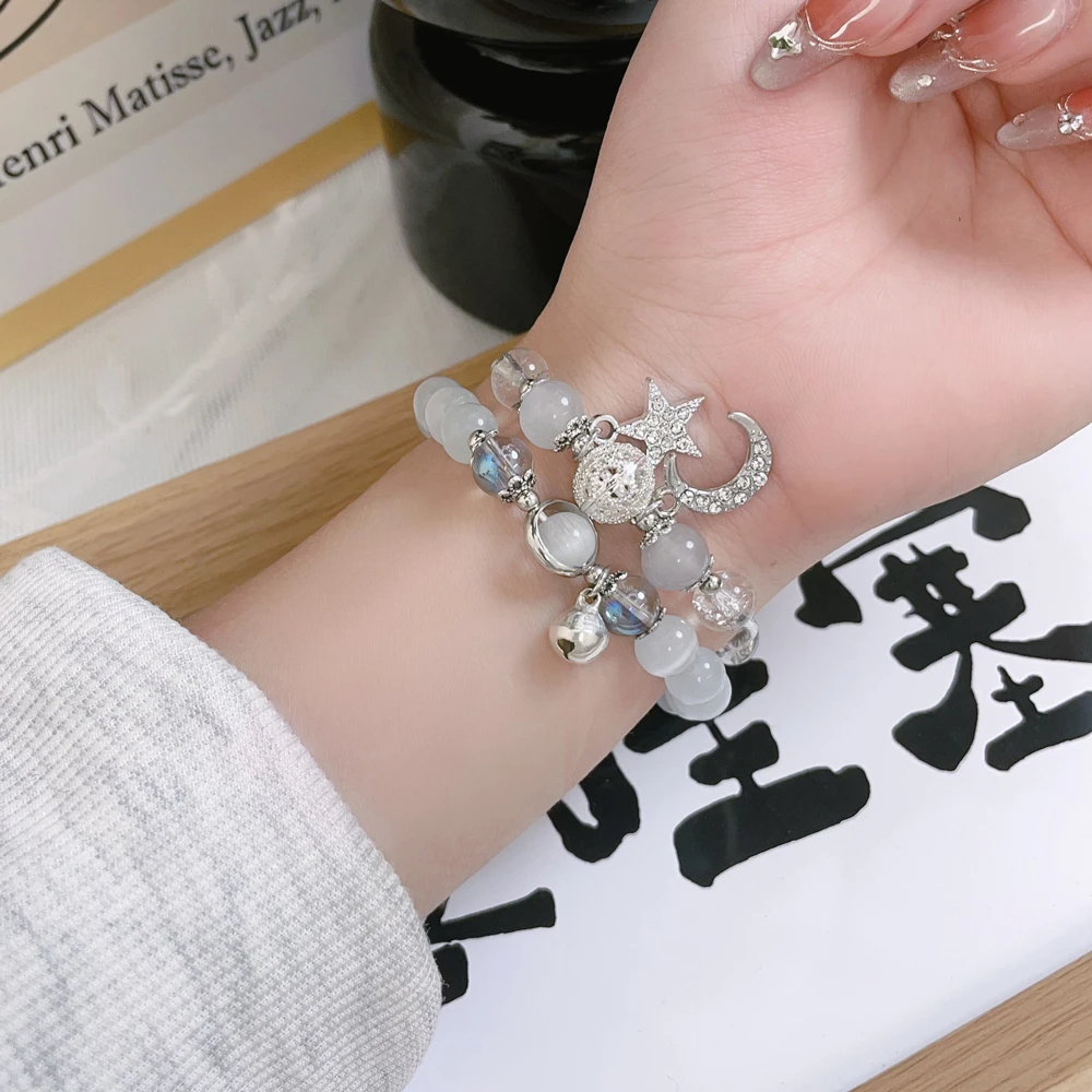 裴蔻 适用苹果S10手表表带iwatch9/8/7蓝灰月猫眼石串珠手链