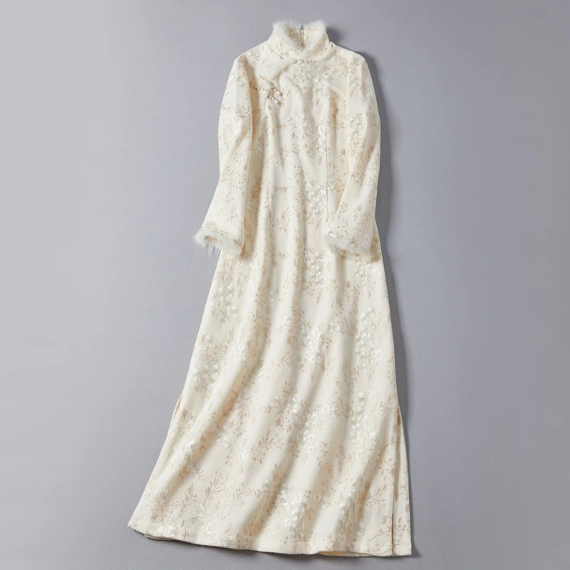 翰墨云汐24秋冬季新款国风复古女装中式立领水貂毛改良奥戴旗袍裙